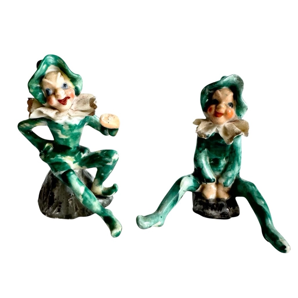 Vintage Pixie Elf Occupied Japan Green Figurines Fairy Jester a Pair 40s 50s